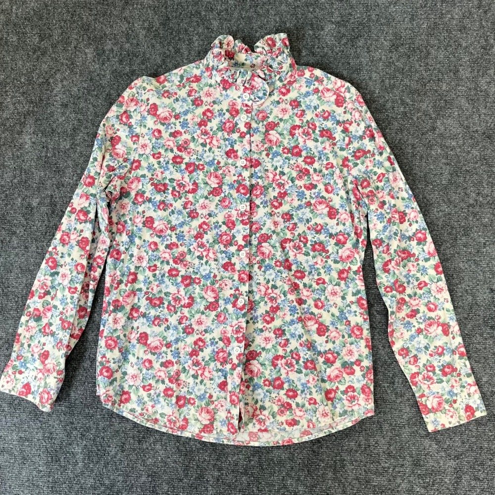 Andrew McMullan Vintage Floral Ruffle Neck Cotton Shirt Made in USA Size 12